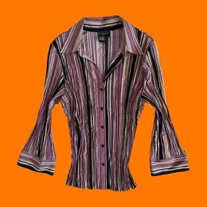 00's vintage earthy striped collared button up boho bell sleeve y2k blouse LARGE